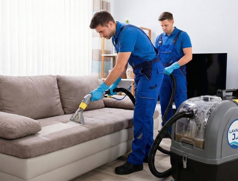 Técnico lavando sofá en Ibagué con máquina profesional
