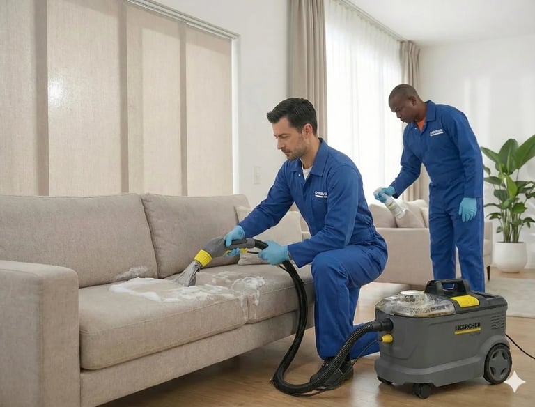 Tenicos limpiando sofas de color beis en Bogota