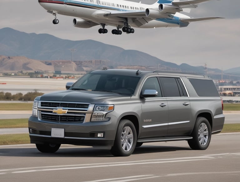 Suburban vehicle waiting outside an airport terminal for a private transfer.