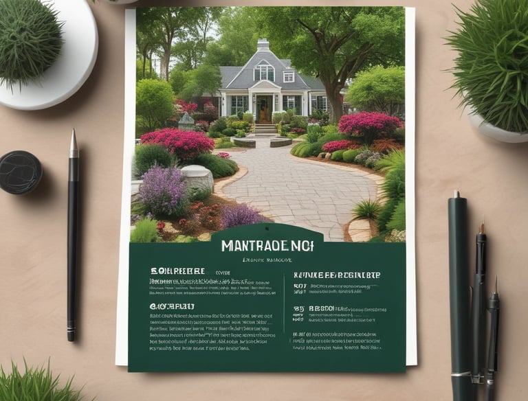 Close-up of a clean, professional flyer for a local lawn care service on a wooden desk.