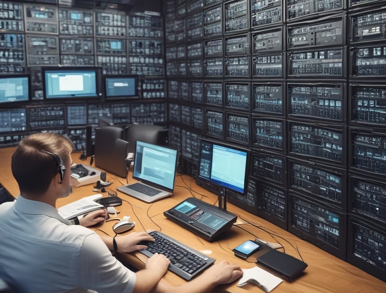 A team of engineers collaborating over complex IT system blueprints.