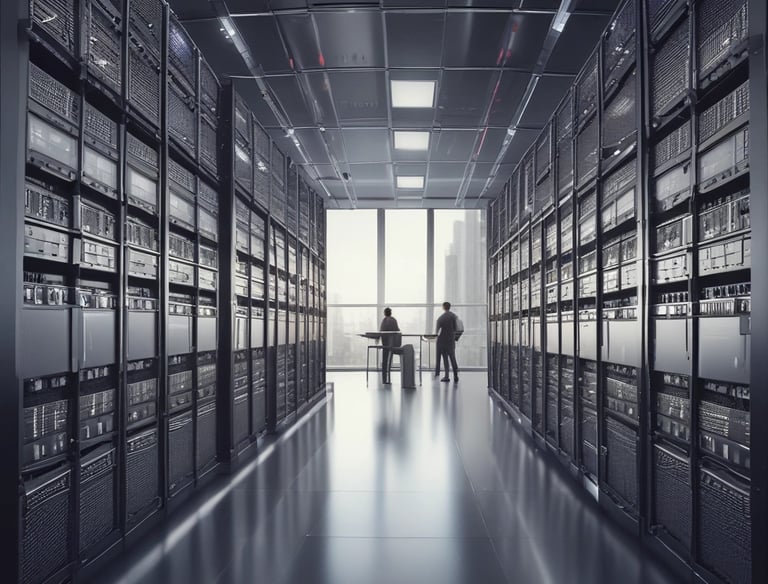 A team of engineers collaborating over complex IT system blueprints.