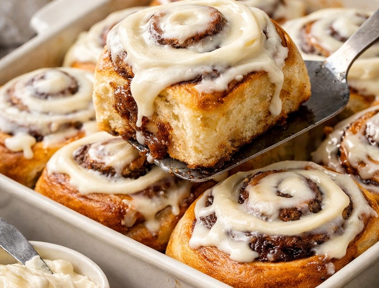 Freshly baked homemade cinnamon rolls with cream cheese frosting being served from a ceramic baking dish.