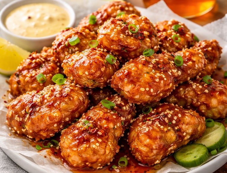 Crispy honey garlic chicken wings topped with sesame seeds and green onions on a platter.