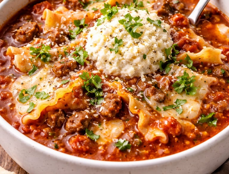 A bowl of hearty lasagna soup topped with a dollop of ricotta cheese, fresh parsley, and parmesan.