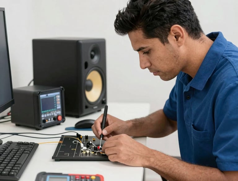 Close-up of hands repairing a musical instrument with specialized tools.
