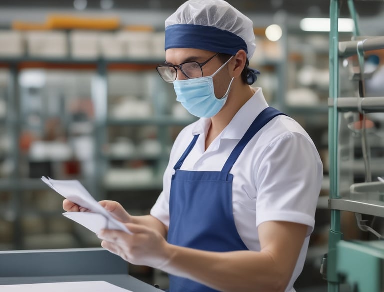 A professional conducting a detailed food quality audit in a factory setting.