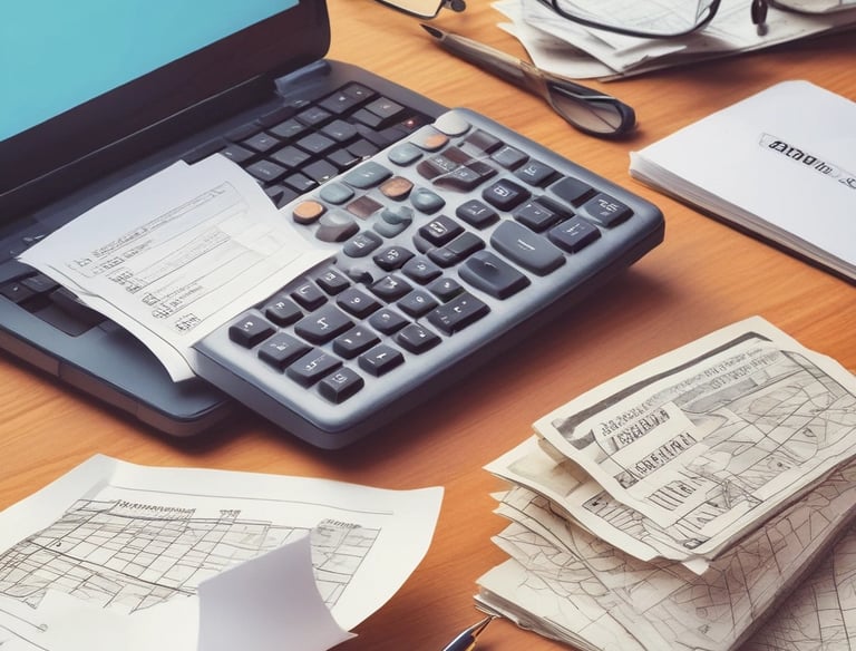 Payroll specialist calculating employee salaries at a modern office desk.