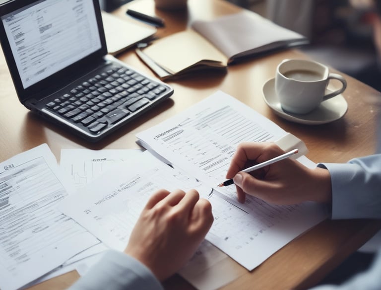 An accountant working on financial documents with a calculator and laptop.