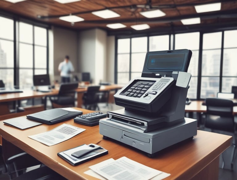 Payroll specialist calculating employee salaries at a modern office desk.