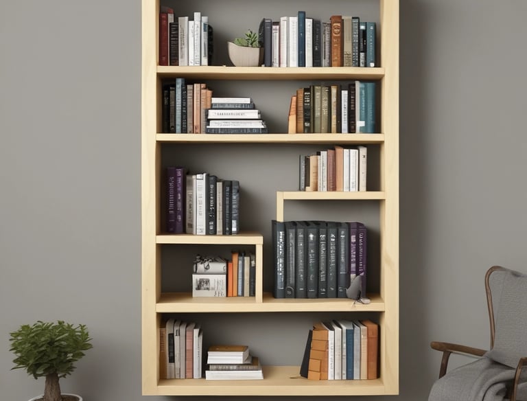 A handyman assembling a wooden bookshelf in a bright room.