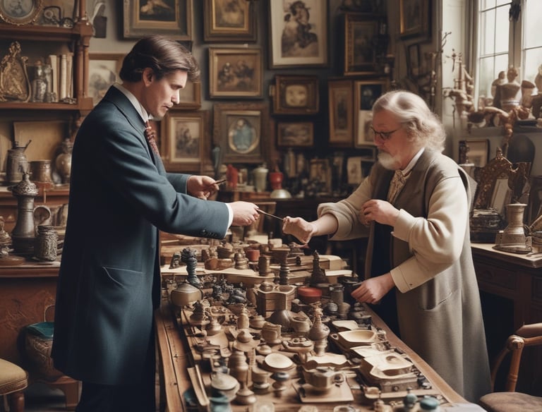 An experienced professional examining an antique wooden chair in a warmly lit workshop.
