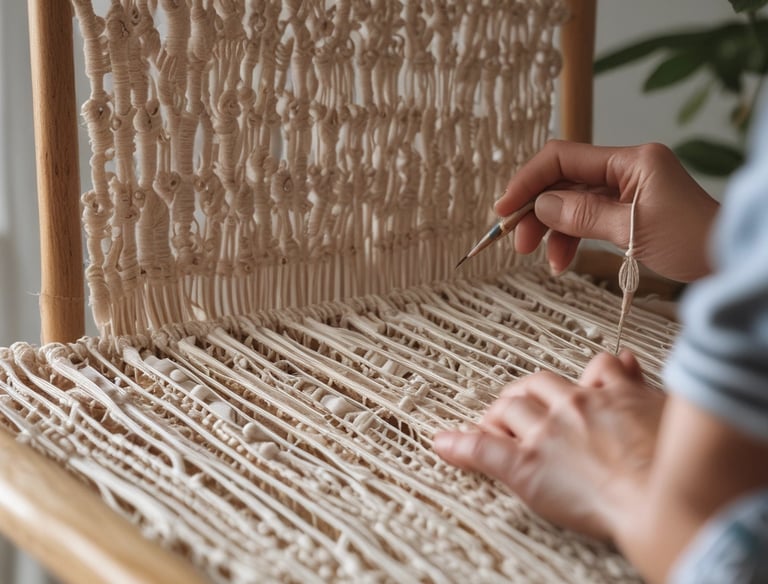 Tejido de macramé blanco en mesa de trabajo hecho a mano
