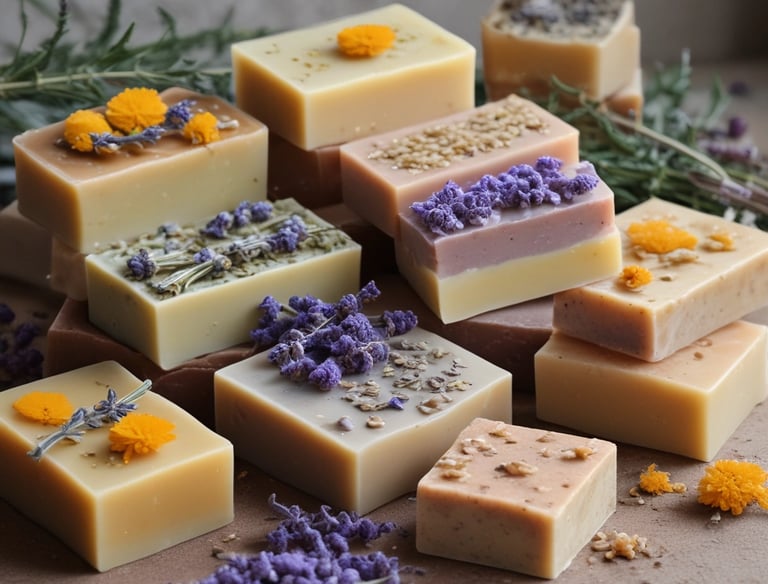 Close-up of colorful handmade herbal soaps resting on natural wood.