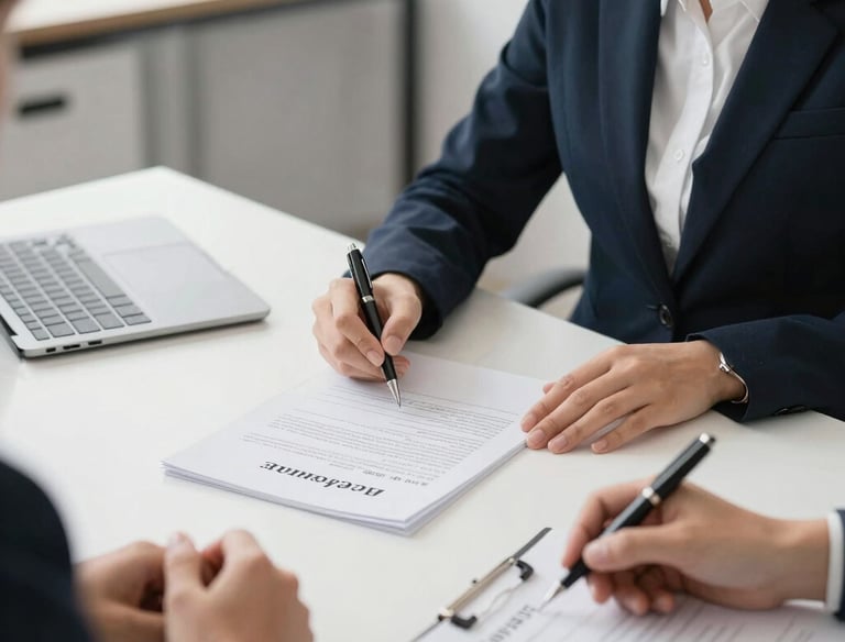 A professional notary assisting a client with loan signing paperwork in a bright office.