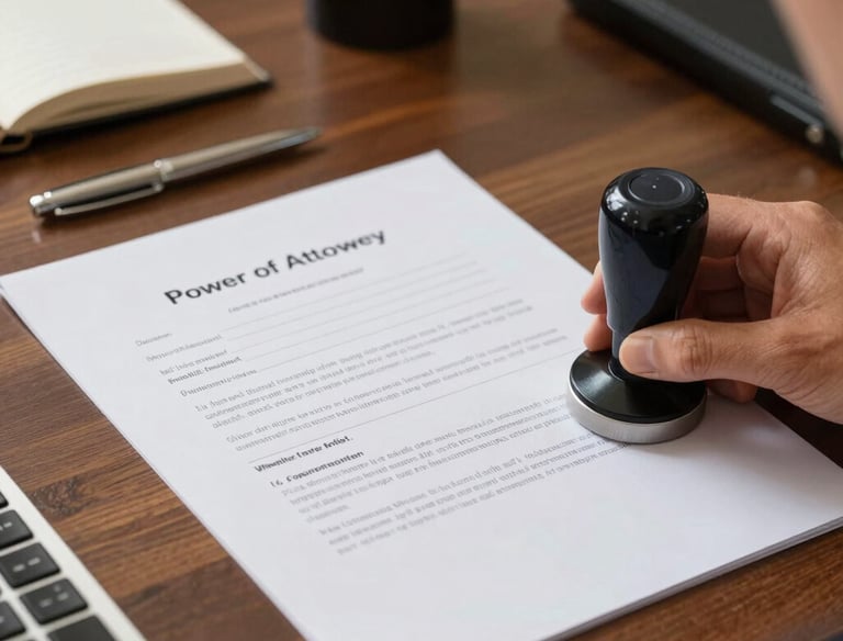 Close-up of a hand stamping a legal document with a notary seal on a polished wooden desk.