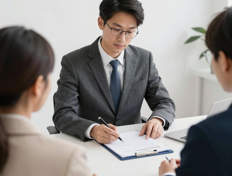 Close-up of a professional stamping a document with a notary seal on a wooden desk.
