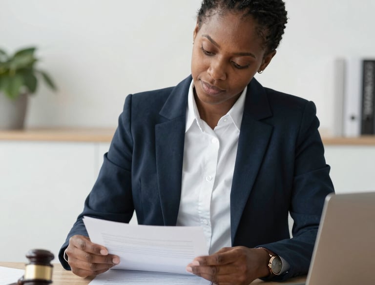 A notary professional assisting a client with loan signing documents in a bright office.