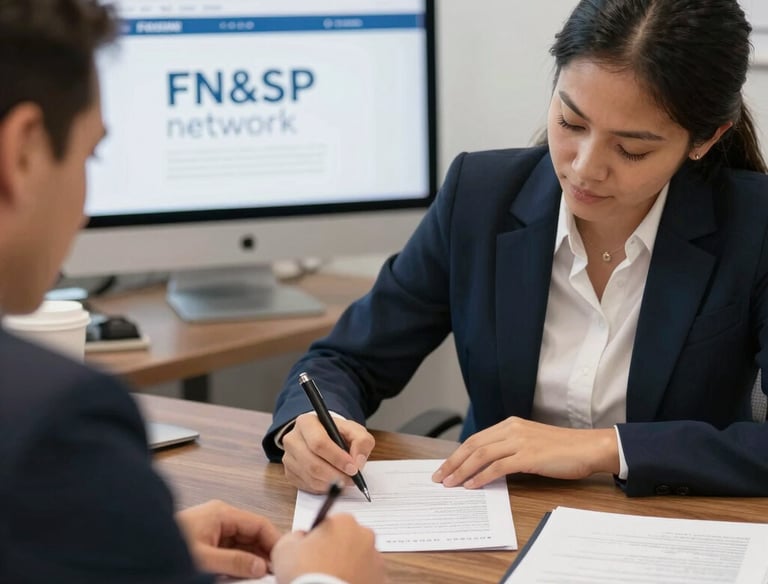 Close-up of a professional stamping a document with a notary seal on a wooden desk.