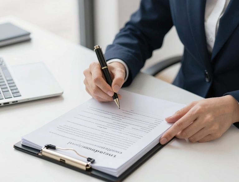 Close-up of a professional stamping a document with a notary seal on a wooden desk.