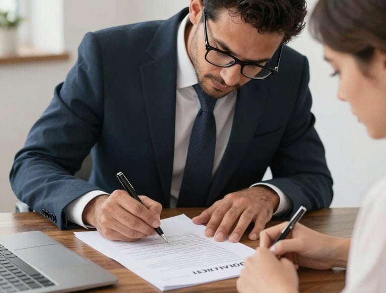 A notary professional assisting a client with loan signing documents in a bright office.
