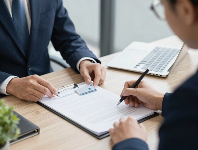 a real estate closing table • documents with keys on the table