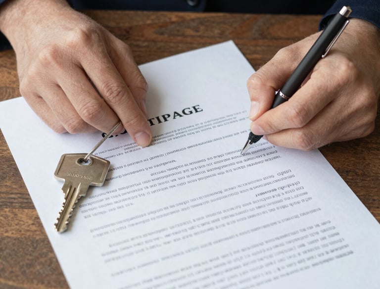 Close-up of a professional stamping a document with a notary seal on a wooden desk.