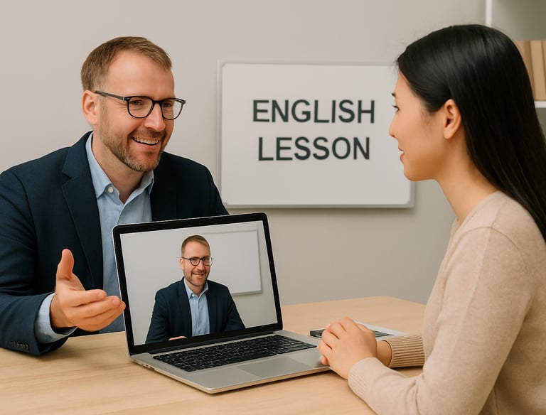 English teacher working with a student on a laptop, practising real-life English skills
