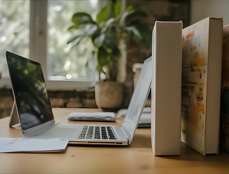Study desk with laptop, books and handwritten notes, focusing on practical English skills
