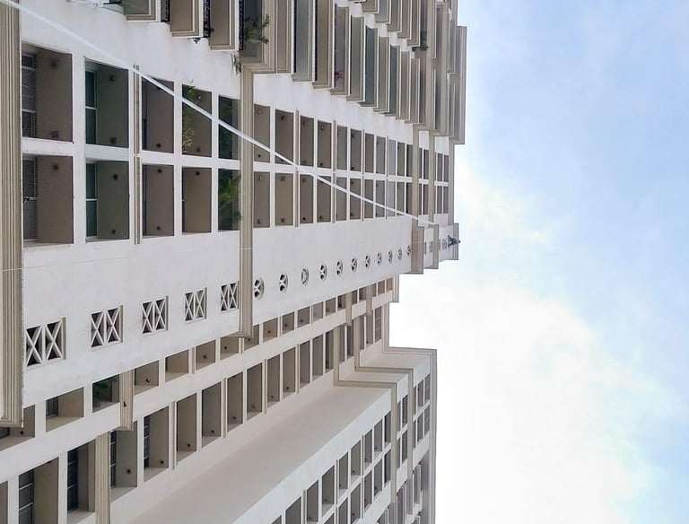 Technician from Arjilli Enterprises fitting a pigeon net on an apartment window.