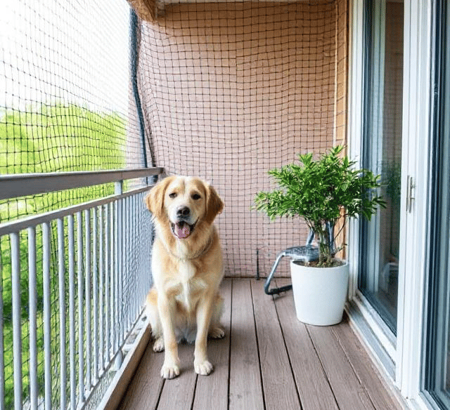 A pet dog looking out through a well-fitted balcony safety net on a sunny day.