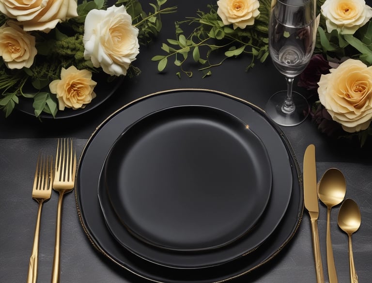 A sleek black plate elegantly arranged with a gourmet meal and soft candlelight.