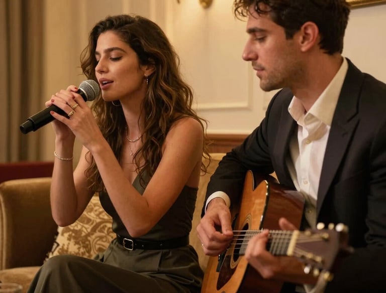 An intimate duo performing softly in a luxurious hotel lounge bathed in warm golden light.