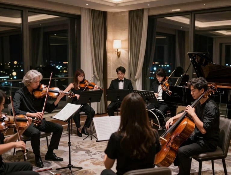 A curated ensemble of musicians rehearsing in a sleek, minimalist studio space.