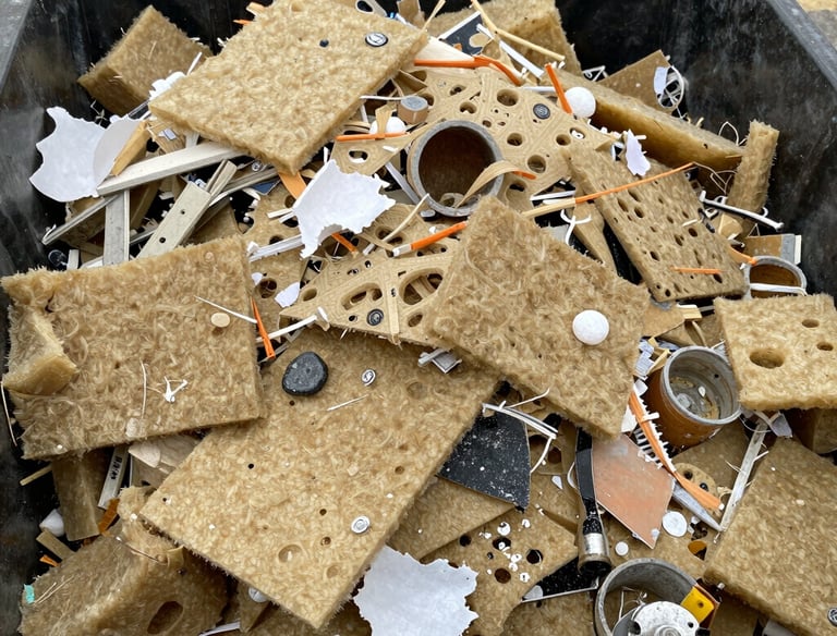 Construction debris and soil piled next to a Solidus rental container on a building site.