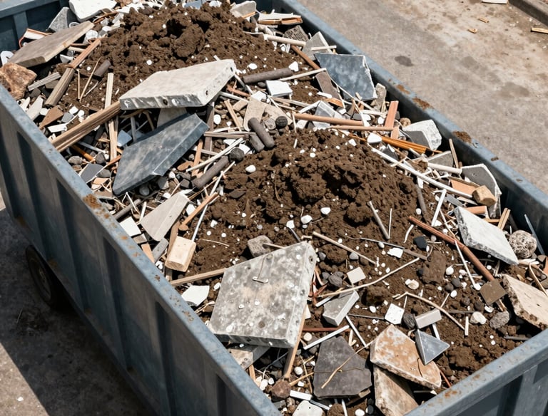 Construction debris and soil piled next to a Solidus rental container on a building site.