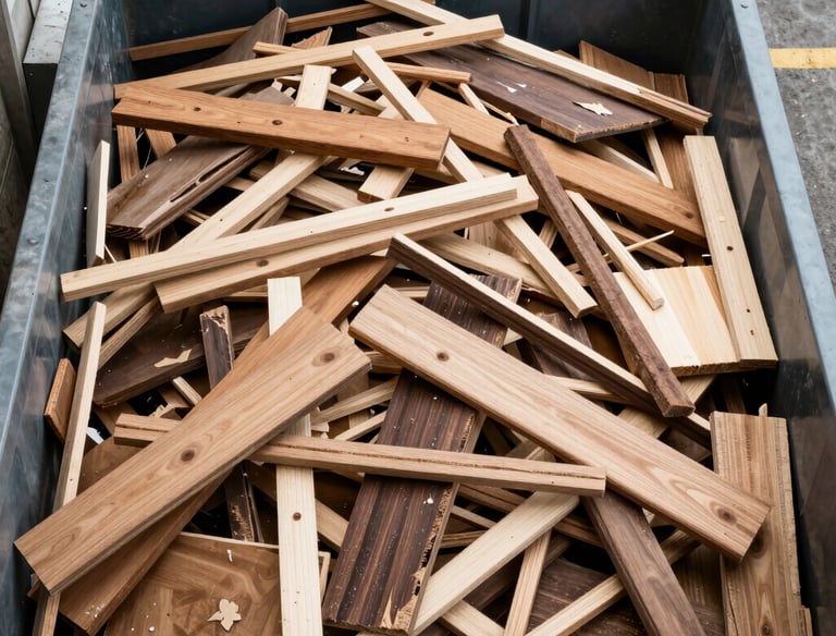 Wooden planks and beams stacked neatly beside a Solidus waste container.