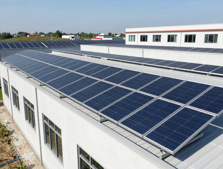 Solar panels installed on a modern building surrounded by greenery.