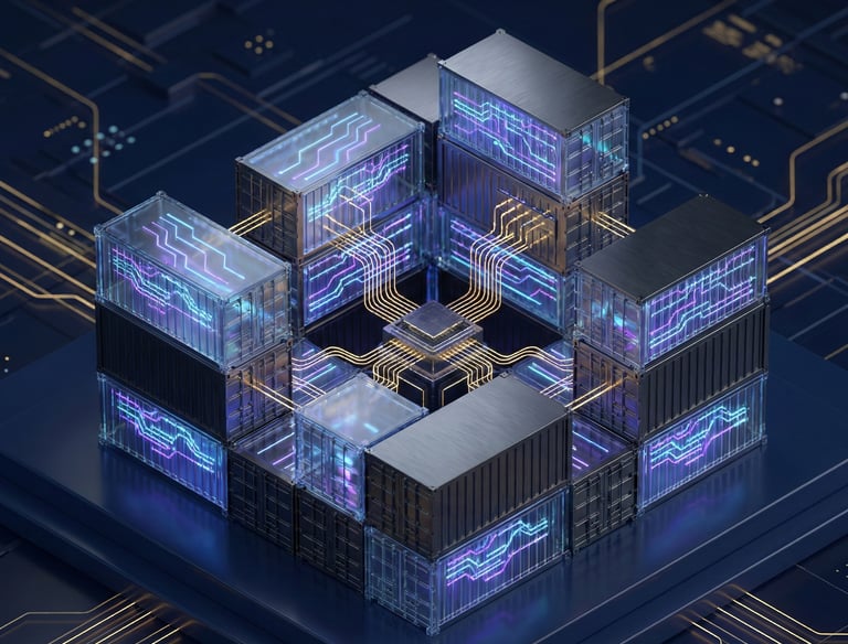 multiple blocks arranged around a microchip representing ecosystem frameworks
