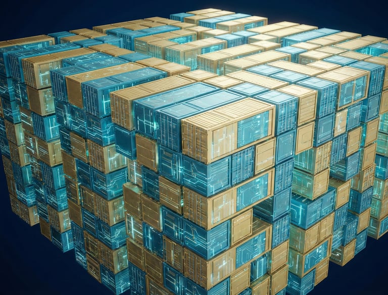 shipping container boxes stacked up with lights running through representing ecosystem frameworks