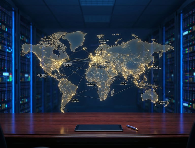 a display of a world map on a large computer screen with network lights lit up in major world cities