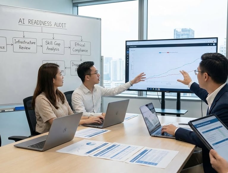 Healthcare consultants conducting an AI readiness audit by reviewing data governance, infrastructure