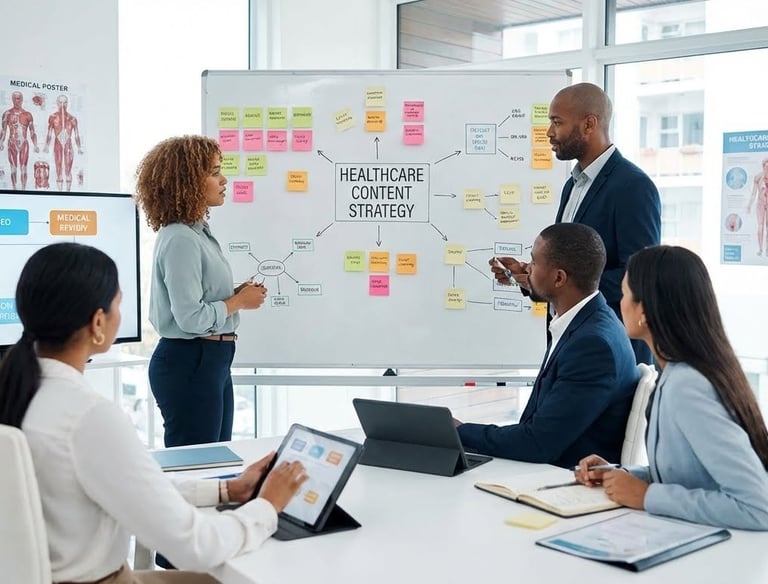 Healthcare branding team developing a compliant healthcare content strategy focused on patient educa