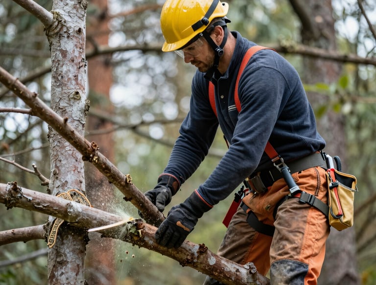 A team safely cutting down a large tree in a suburban neighborhood.