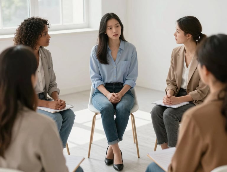 A small group seated in a circle sharing experiences during group therapy.