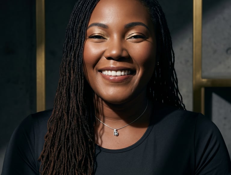 Smiling Black woman with long micro braids and gold eyeshadow in a professional headshot portrait.