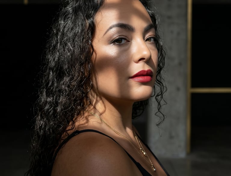 Portrait of a woman with curly hair and red lipstick under dramatic leaf shadows and sunlight.