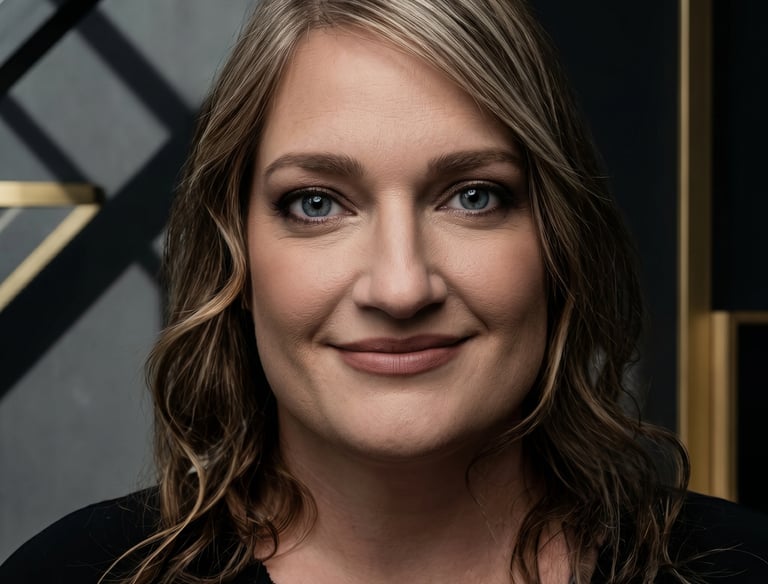 Professional headshot of a smiling woman with blonde highlights and blue eyes against a dark background.