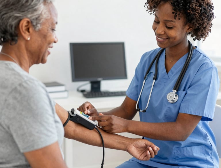 Instructor guiding a student through medical assistant procedures in a bright classroom.
