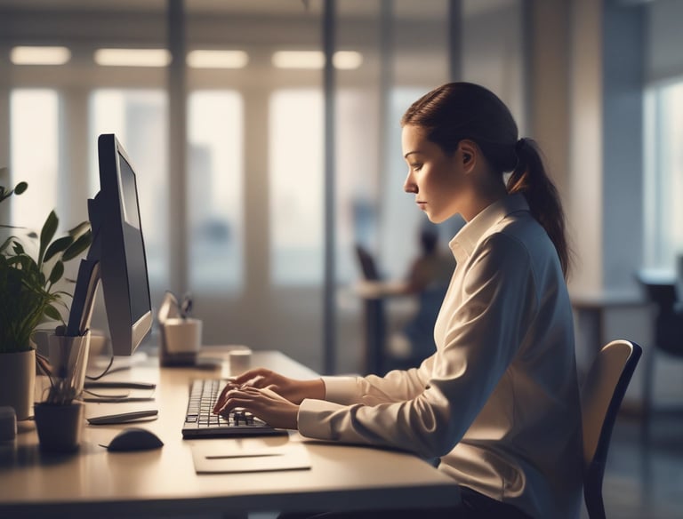 A professional thoughtfully crafting a response to a customer review on a tablet.